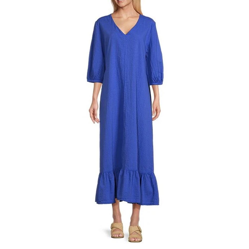 Bryn Walker $198 Lana Seersucker V-Neck 3/4 Puff Sleeve Ruffle Hem Long Dress XL